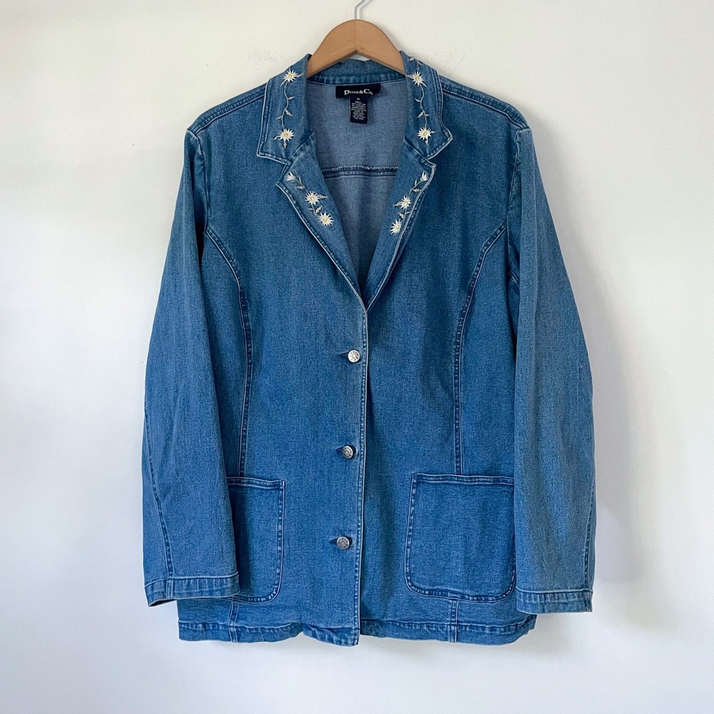 Womens Denim Cottagecore Blazer Jacket 2x Vintage 90s Daisy Floral Embroidered
